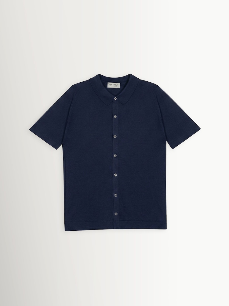 John Smedley Navy Blue Folke Short Sleeve Cotton Knit Polo Shirt - Image 1 of 1
