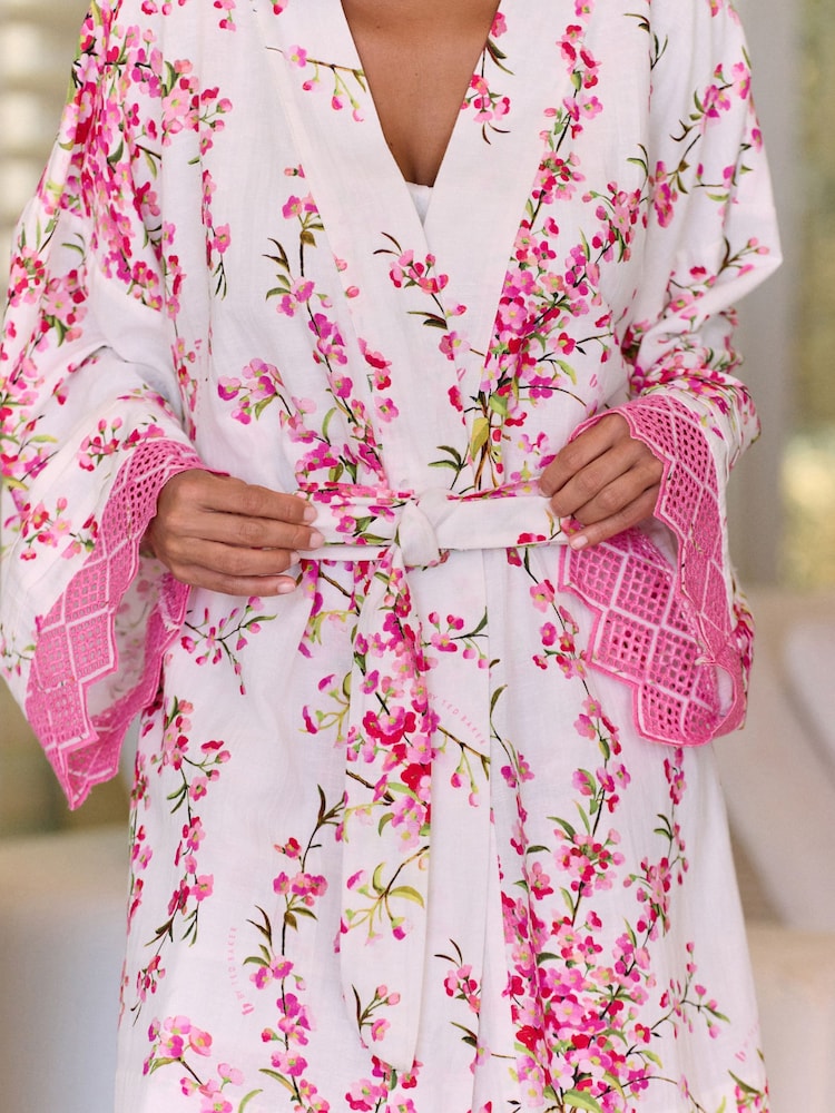 B by Ted Baker White Floral Cotton Viscose Robe - Image 2 of 4 B by Ted Baker White Floral Cotton Viscose Robe - Image 2 of 4