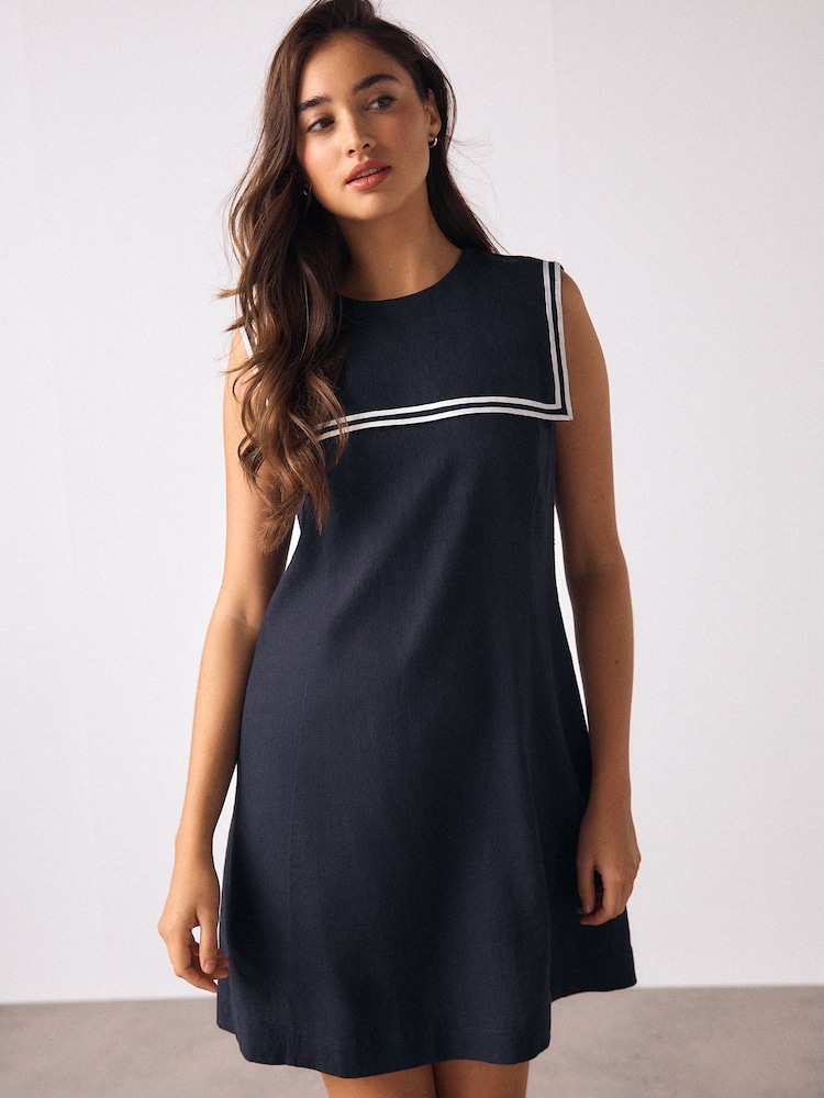 Buy Navy Blue/Ecru Tipped Sailor Collar Mini Dress with Linen from Next USA Buy Navy Blue/Ecru Tipped Sailor Collar Mini Dress with Linen from Next USA