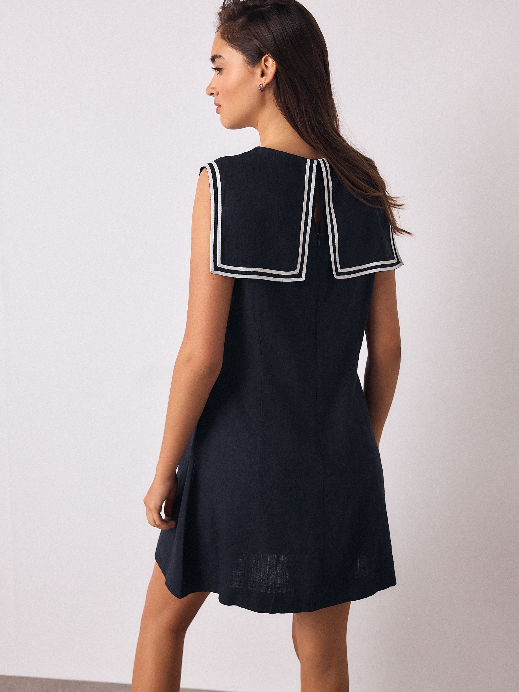 Buy Navy Blue/Ecru Tipped Sailor Collar Mini Dress with Linen from