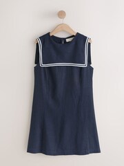 Navy with Ecru Tipping Sailor Collar Mini Dress with Linen - Image 7 of 9