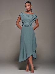 Azul marinho - Jolie Moi Textured Jersey Asymmetric Midi Dress - Imagem 1 de 6