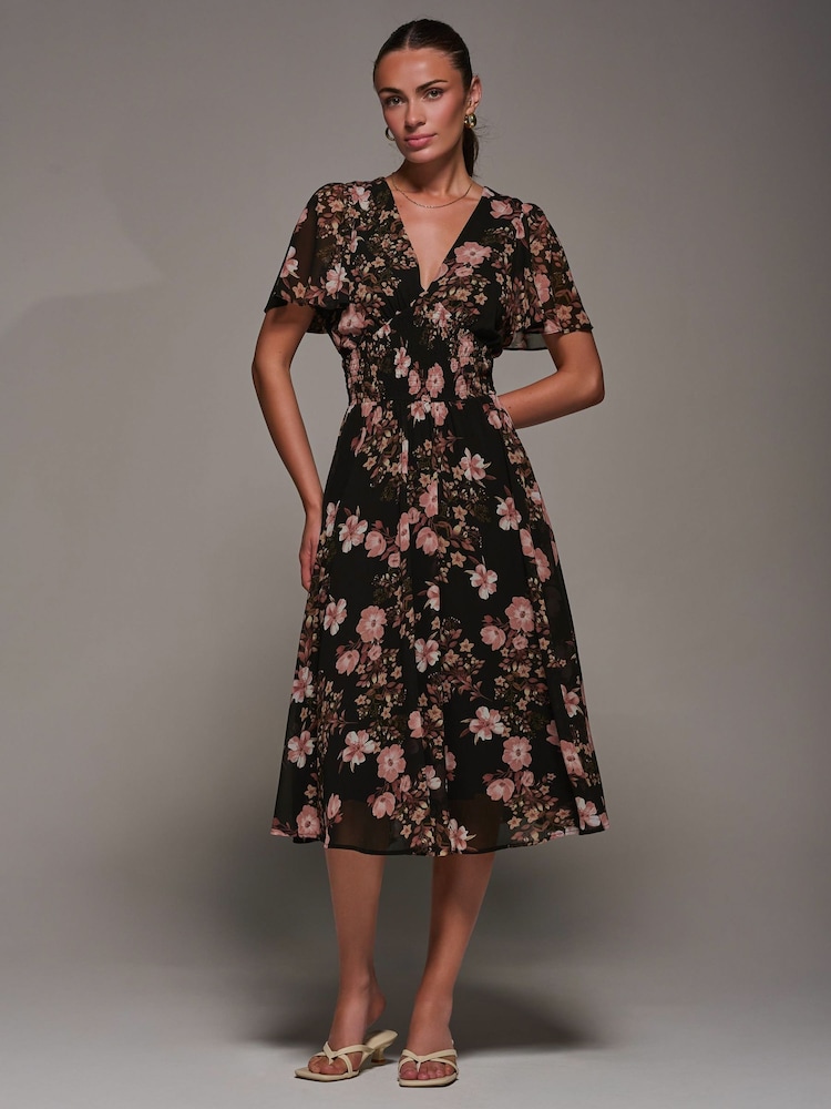Jolie Moi Black Chiffon Tie Back Detail Midi Dress - Image 1 of 6
