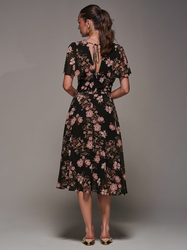 Jolie Moi Black Chiffon Tie Back Detail Midi Dress - Image 2 of 6
