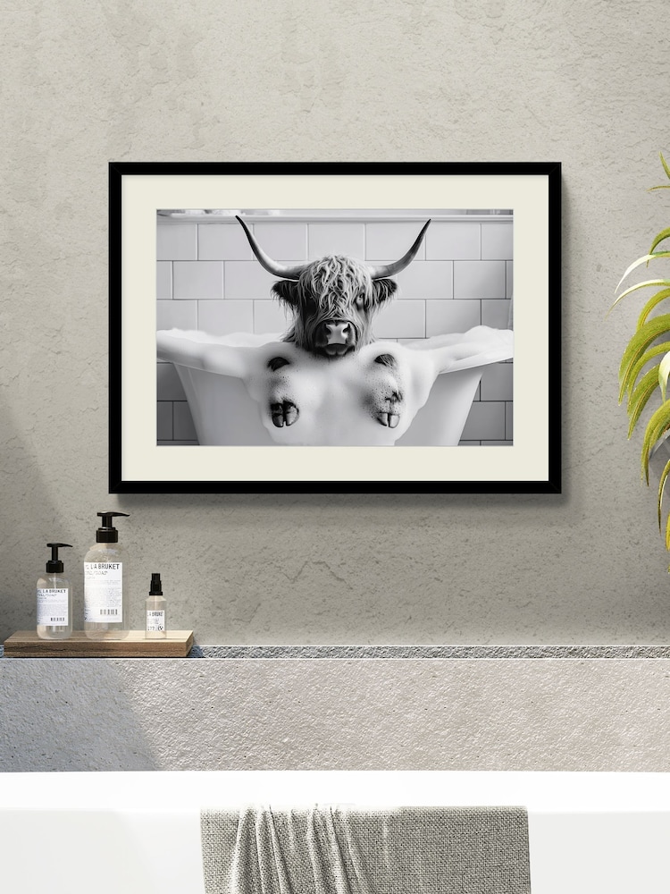 Artko Black Mood for a Soak Highland Cow in Bath Framed Art - Image 1 of 3