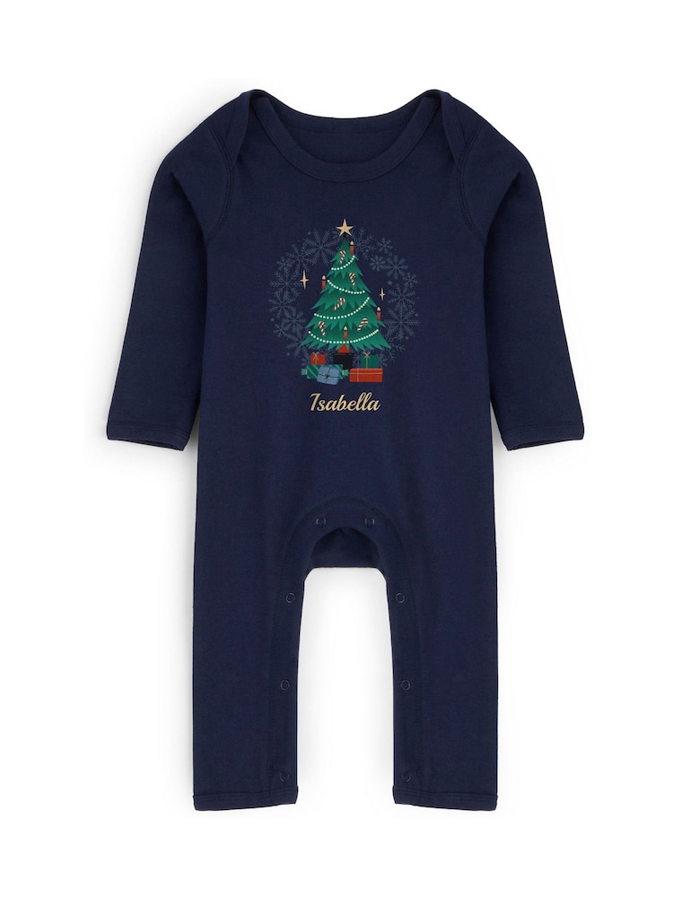 Personalised Baby Christmas Tree Print Rompersuit by Stitch Style - Image 1 of 6 Personalised Baby Christmas Tree Print Rompersuit by Stitch Style - Image 1 of 6