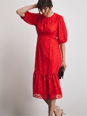 Joanna Hope Red Burnout Bubble Sleeve Dress - Image 1 of 4