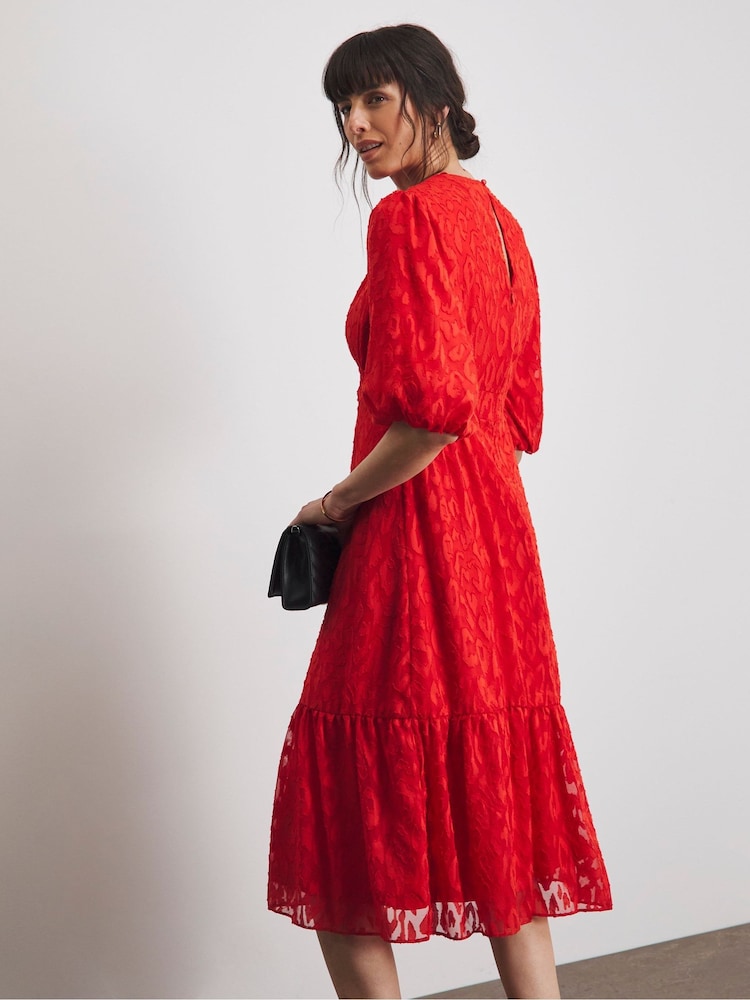 Joanna Hope Red Burnout Bubble Sleeve Dress - Image 2 of 4
