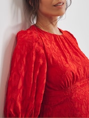 Joanna Hope Red Burnout Bubble Sleeve Dress - Image 3 of 4