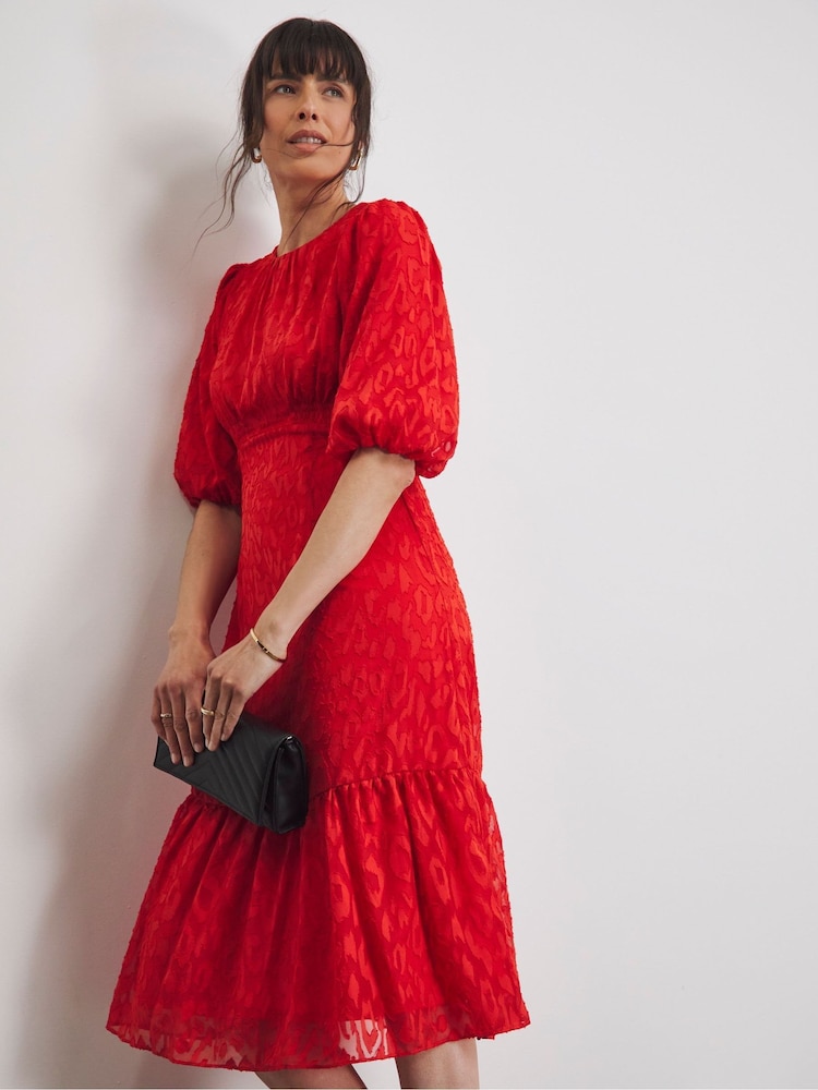 Joanna Hope Red Burnout Bubble Sleeve Dress - Image 4 of 4