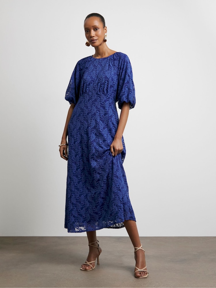 Joanna Hope Blue Lace Dress With Puff Sleeves - Image 1 of 4