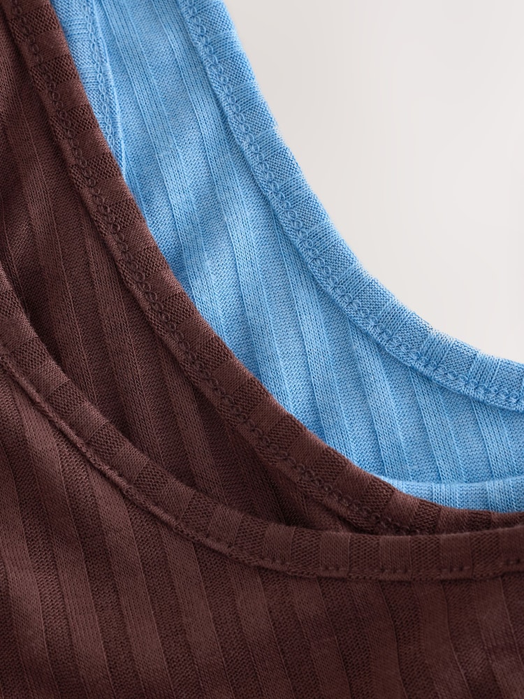 Blue/Brown Strappy Scoop Neck Slouch Ribbed Vests 2 Pack - Image 10 of 10