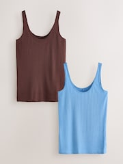 Blue/Brown Strappy Scoop Neck Slouch Ribbed Vests 2 Pack - Image 6 of 10