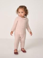 The White Company Baby Pink Cotton Blend Pointelle Knitted Romper - Image 1 of 5