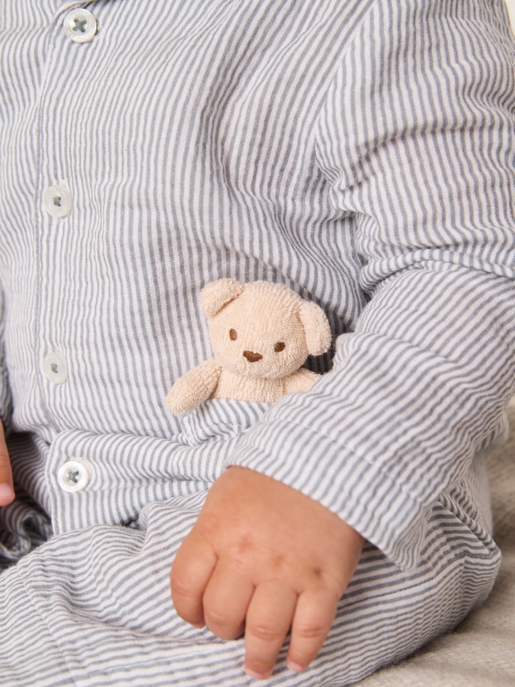 The White Company Blue Crinkle Stripe Bear Toy Classic Sleepsuit - Image 2 of 5 The White Company Blue Crinkle Stripe Bear Toy Classic Sleepsuit - Image 2 of 5