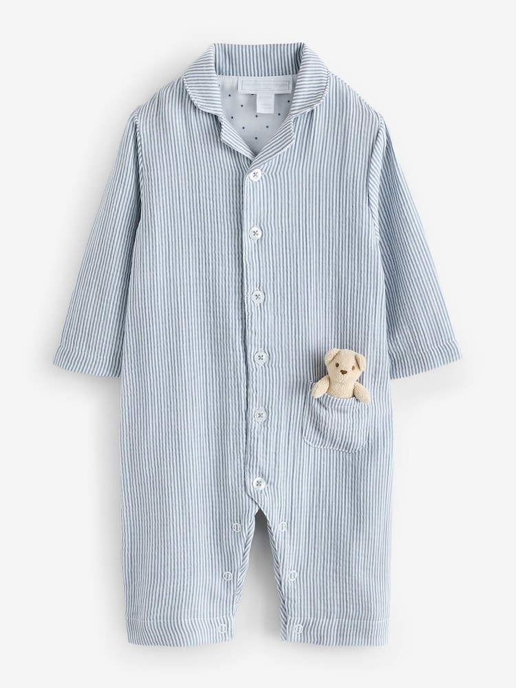 The White Company Blue Crinkle Stripe Bear Toy Classic Sleepsuit - Image 5 of 5 The White Company Blue Crinkle Stripe Bear Toy Classic Sleepsuit - Image 5 of 5