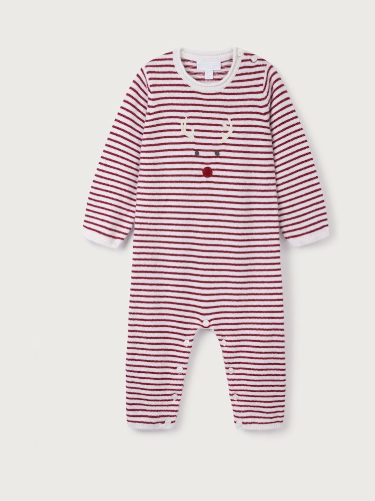 The White Company Red Organic Cotton Blend Jingles Stripe Knitted Romper - Image 1 of 1