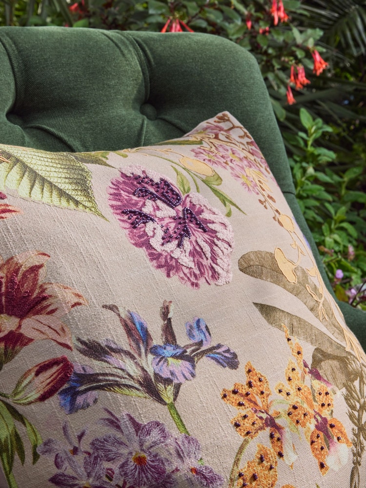 Pink 50 x 50cm Kew Gardens Embellished Floral Cushion - Image 2 of 6