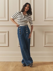 Laura Ashley Ecru/Navy Henley Collar Striped Ribbed Cotton Polo Shirt - Image 1 of 8