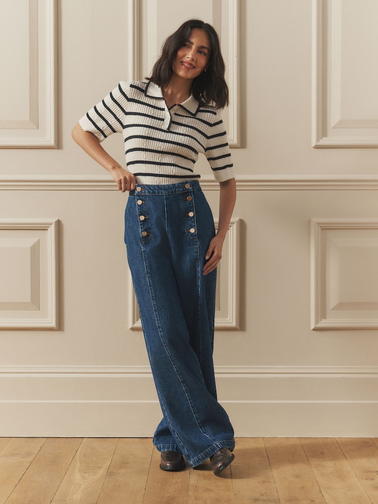 Laura Ashley Ecru/Navy Henley Collar Striped Ribbed Cotton Polo Shirt - Image 1 of 8 Laura Ashley Ecru/Navy Henley Collar Striped Ribbed Cotton Polo Shirt - Image 1 of 8