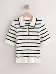 Laura Ashley Ecru/Navy Henley Collar Striped Ribbed Cotton Polo Shirt - Image 6 of 8