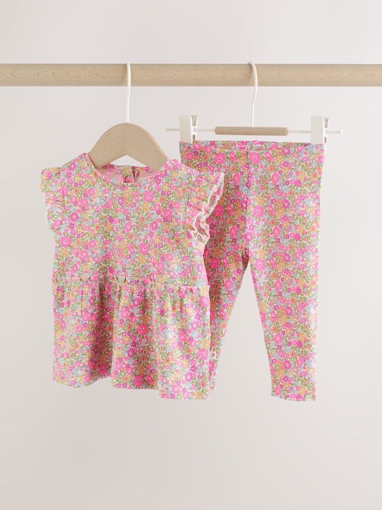 Pink Flower Rib Top and Leggings Baby Set 2 Piece (0mths-2yrs) - Image 1 of 14