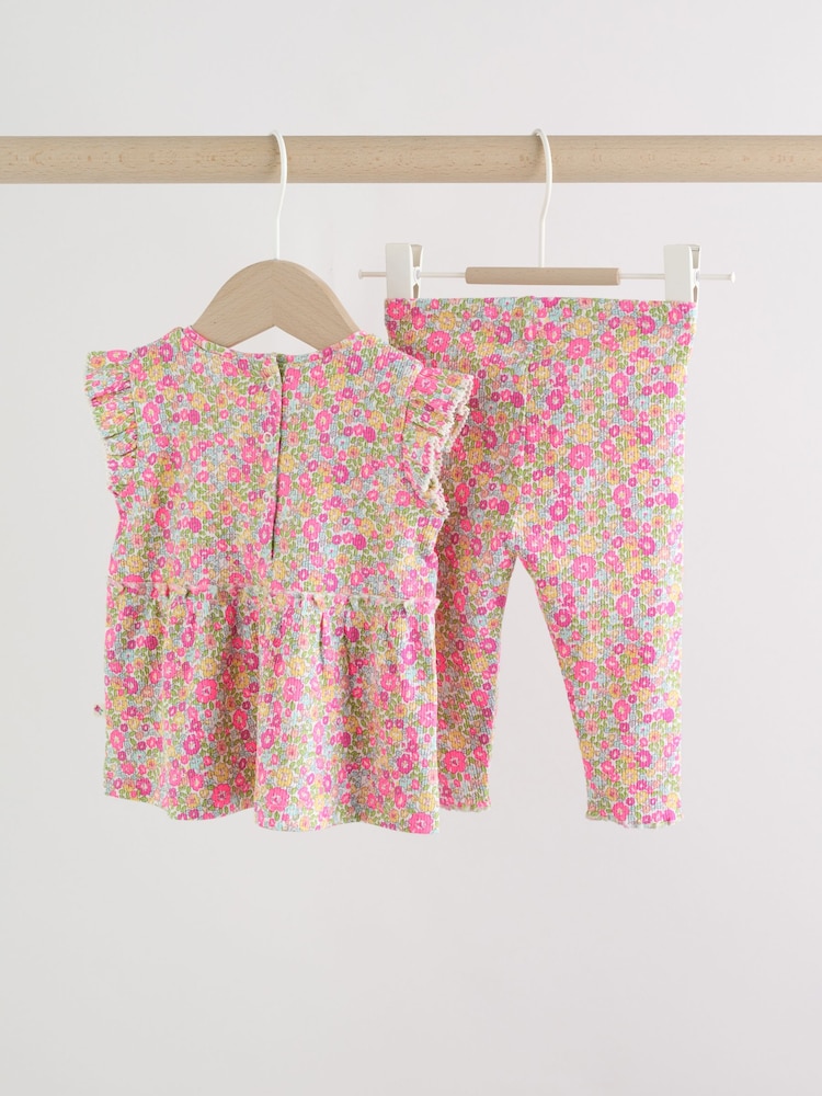 Pink Flower Rib Top and Leggings Baby Set 2 Piece (0mths-2yrs) - Image 2 of 14