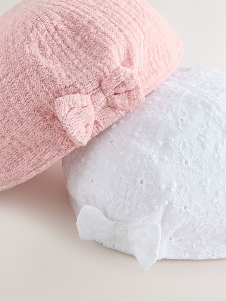 Pink/White Broderie Bow Back Baby Hats 2 Pack (0mths-2yrs) - Image 2 of 3 Pink/White Broderie Bow Back Baby Hats 2 Pack (0mths-2yrs) - Image 2 of 3