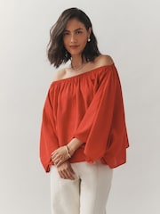Laura Ashley Red Off The Shoulder Cotton Long Sleeve Blouse - Image 1 of 8