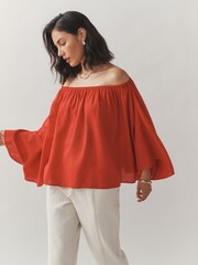 Laura Ashley Red Off The Shoulder Cotton Long Sleeve Blouse - Image 3 of 8