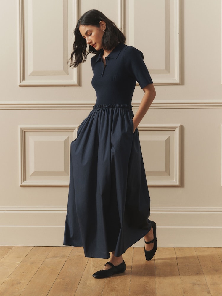Laura Ashley Navy 2 in 1 Knitted Collared Polo Dress with Cotton Skirt - Image 1 of 10 Laura Ashley Navy 2 in 1 Knitted Collared Polo Dress with Cotton Skirt - Image 1 of 10