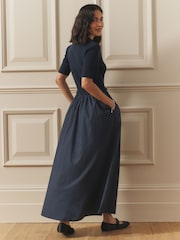 Laura Ashley Navy 2 in 1 Knitted Collared Polo Dress with Cotton Skirt - Image 5 of 10