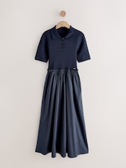 Laura Ashley Navy 2 in 1 Knitted Collared Polo Dress with Cotton Skirt - Image 7 of 10