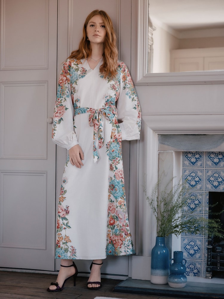 Laura Ashley Cream Lavington Print V-Neck Belted Floral Maxi Dress - Image 1 of 7