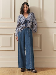 Laura Ashley Blue Denim Button Front Detail Wide Leg Jeans with Front Seams - Image 1 of 7