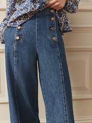 Laura Ashley Blue Denim Button Front Detail Wide Leg Jeans with Front Seams - Image 2 of 7
