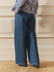 Laura Ashley Blue Denim Button Front Detail Wide Leg Jeans with Front Seams - Image 3 of 7