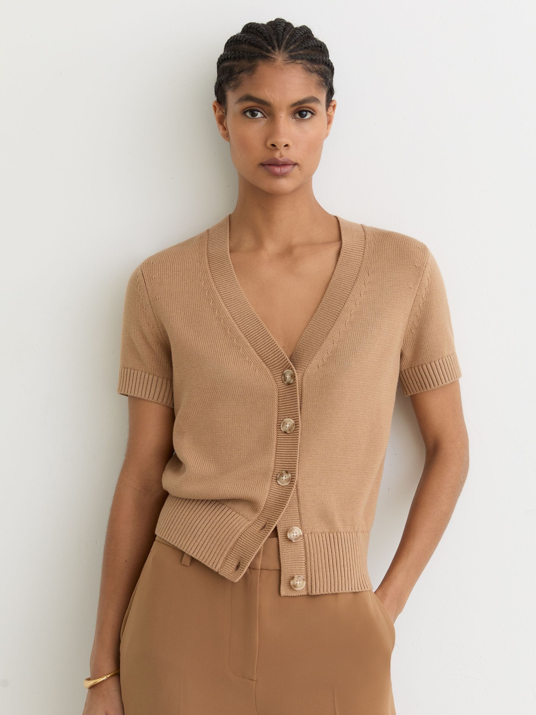 Buy Reiss Camel Anya V-Neck Short-Sleeve Cardigan Cotton-Wool from