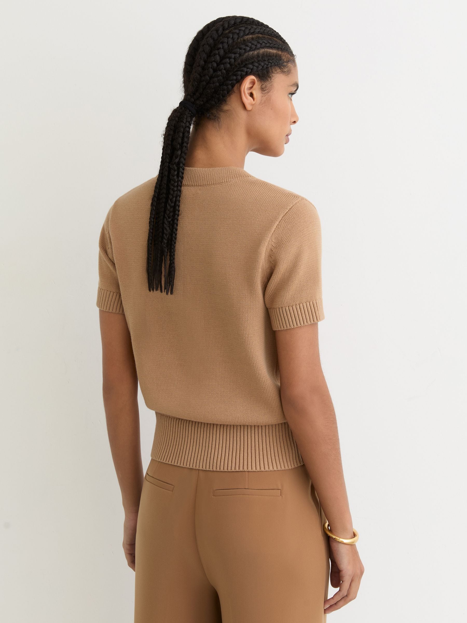 Buy Reiss Camel Anya V-Neck Short-Sleeve Cardigan Cotton-Wool from