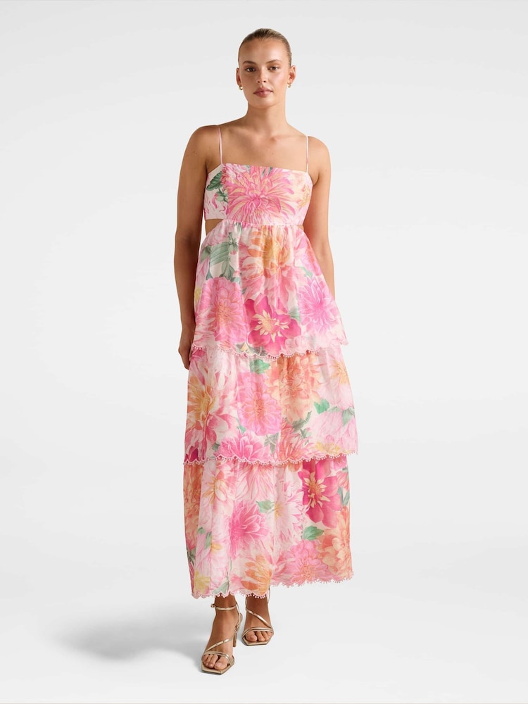 Forever New Pink Shauna Tiered Midi Contains Linen Dress - Image 1 of 4 Forever New Pink Shauna Tiered Midi Contains Linen Dress - Image 1 of 4