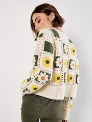 Apricot Yellow Daisy Squares Crochet Cardigan - Image 2 of 4