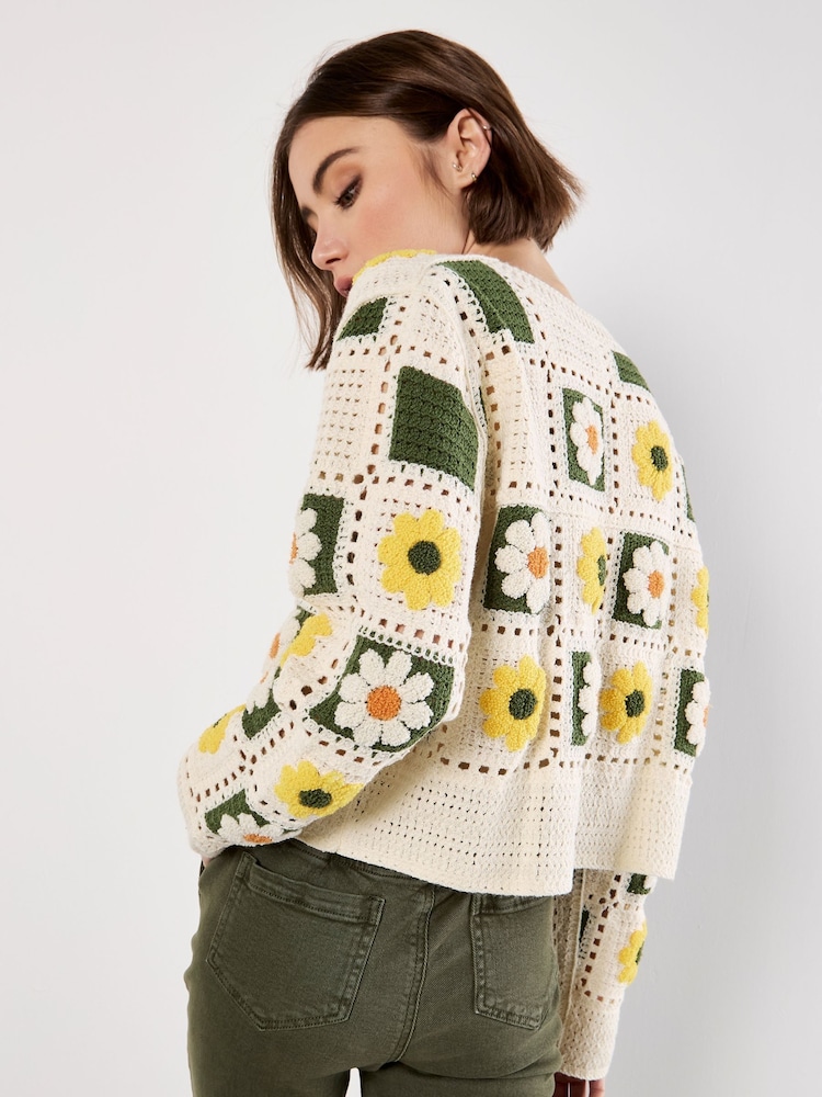 Apricot Yellow Daisy Squares Crochet Cardigan - Image 2 of 4