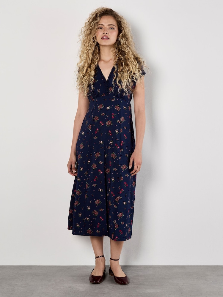 Apricot Blue Floral Print Heart Ditsy Print Dress - Image 1 of 5 Apricot Blue Floral Print Heart Ditsy Print Dress - Image 1 of 5