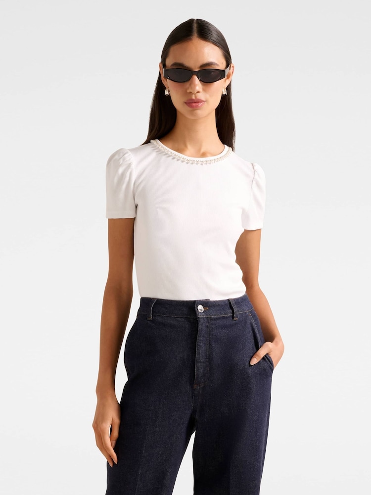 Forever New White Emilia Embellished Neck T-Shirt - Image 1 of 5