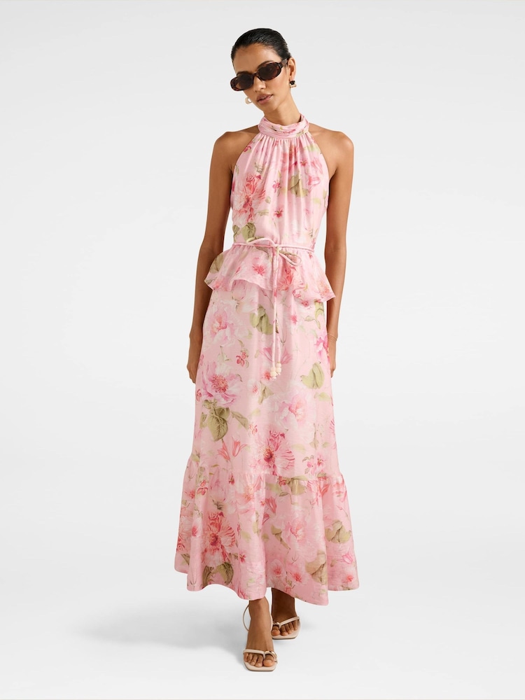Forever New Petite Serena Halter Neck Peplum Contains Linen Midi Dress - Imagem 1 de 4