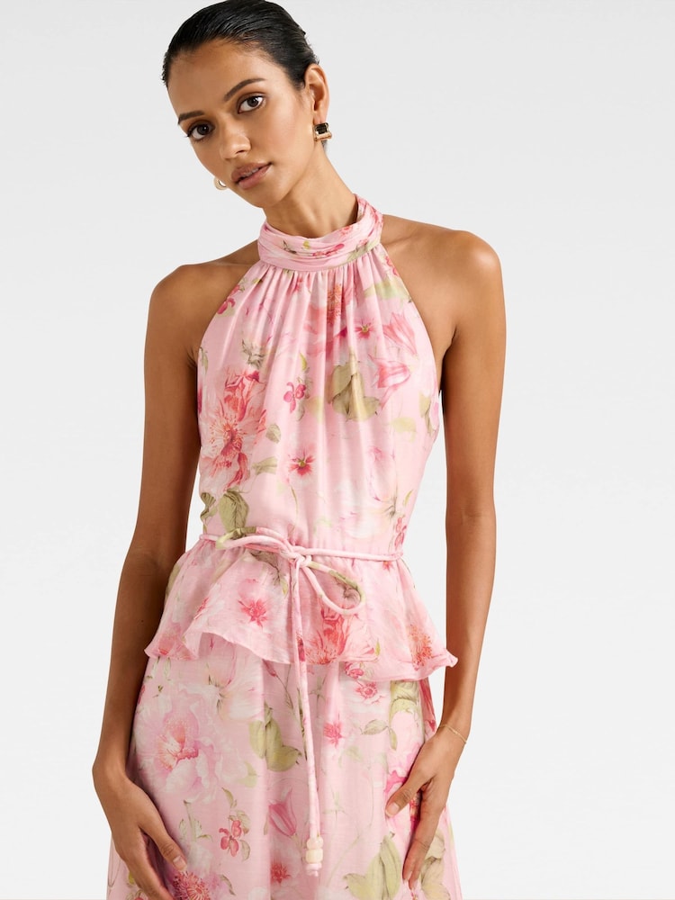 Forever New Petite Serena Halter Neck Peplum Contains Linen Midi Dress - Imagem 4 de 4