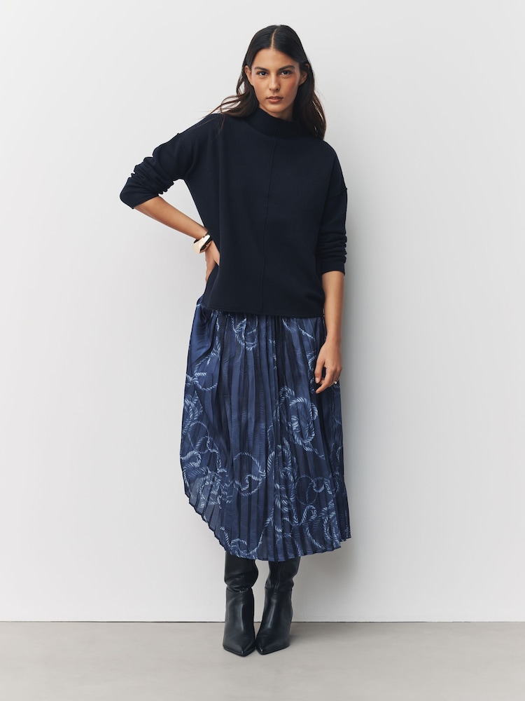 Marineblauw met nautische print - 2-In-1 Gebreide trui met geplooide midirok - Afbeelding 2 van 9