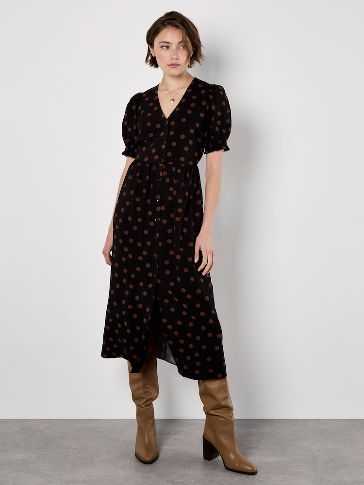 Apricot Black Mono Spot Button Down Dress - Image 1 of 4