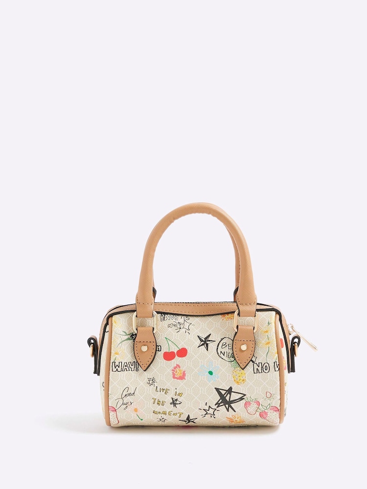 River Island Cream Scribble Mini Cross-Body Bowler Bag - Image 1 of 3