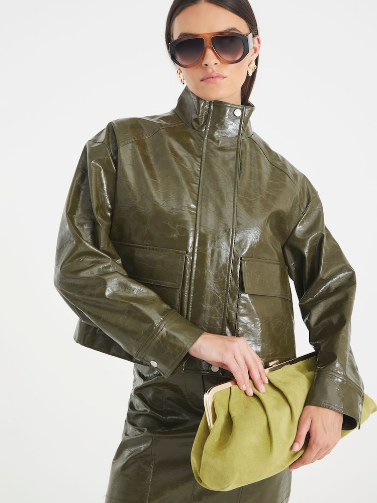 River Island Green Funnel Neck Distressed Faux Leather Bomber Jacket - Image 1 of 3